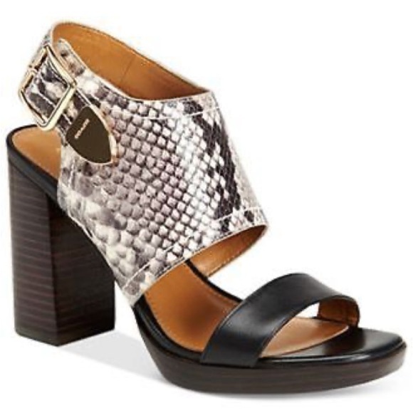 Coach Betsy Mat Calf/Lux Snake Leather Black Natural Sandals Open Toe Heels Sz 7 - Picture 1 of 13